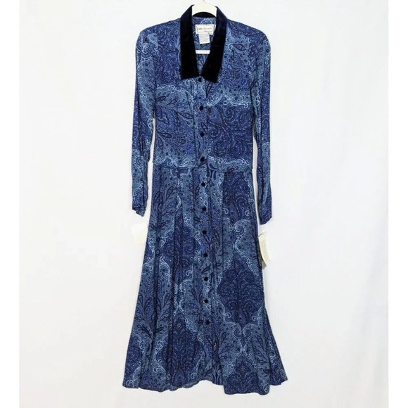 Vintage 80s 90s Karin Stevens 14 Maxi Dress Long Sleeves Velvet Collar Buttons - Picture 1 of 16